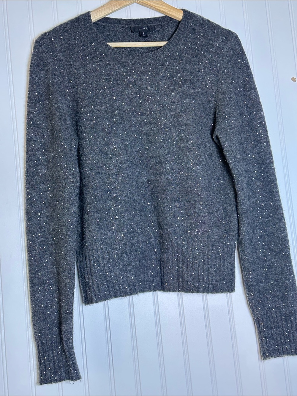 J. Crew Sparkle Soft Merino Wool Alpaca Gray gemstones/crystals S Crew Neck Soft - Picture 3 of 11